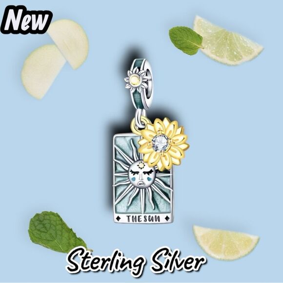 NEW 925 Sterling Silver “The Sun” Tarot Card Charm – Light Blue Enamel with Sunf - Picture 1 of 3